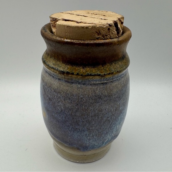 Small Pottery Crock with Cork Stopper Stoneware Handmade Signed 4” Purple Art - Picture 1 of 5